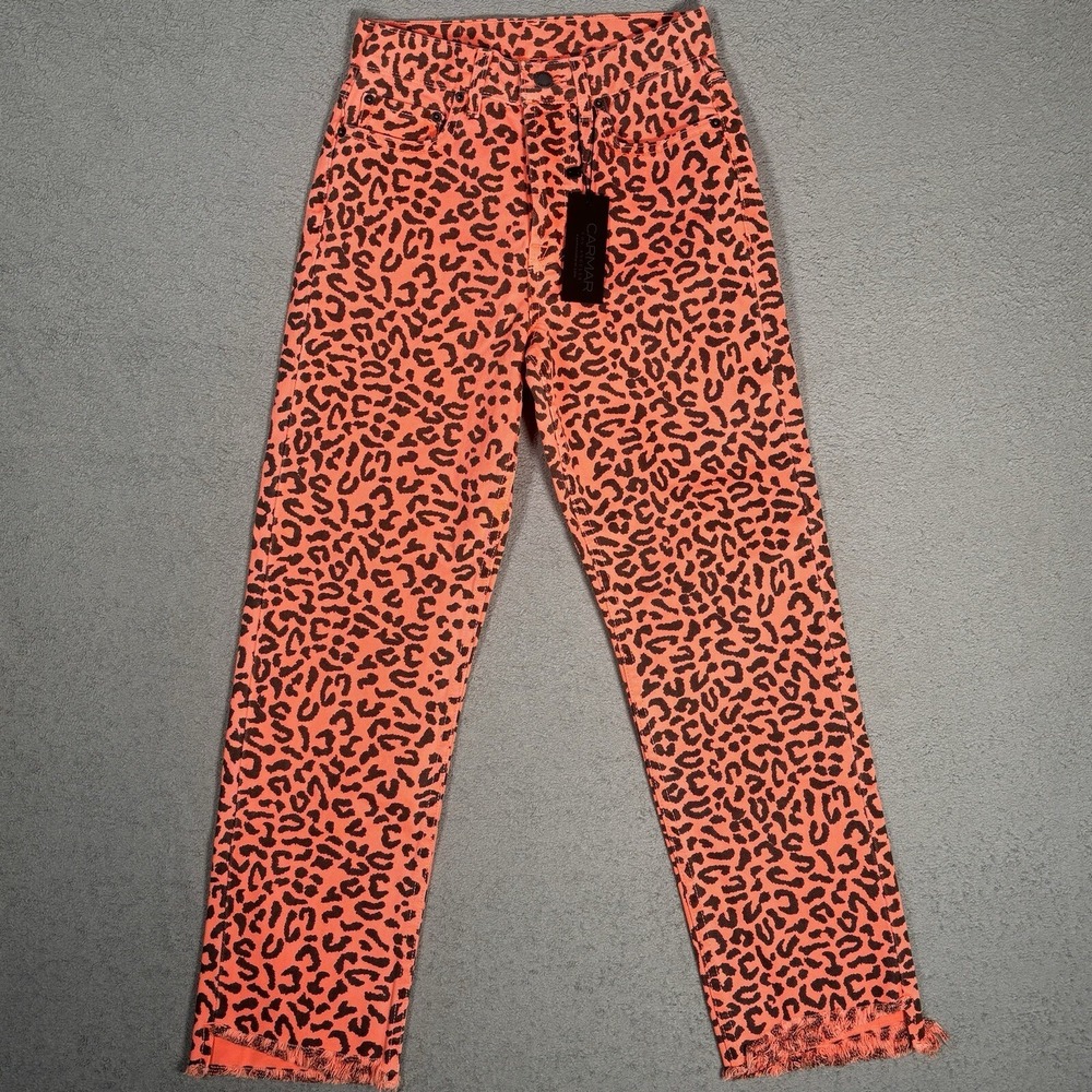 Carmar Denim Neon Orange Leopard Print High Rise Straight Jeans 24 New Tag